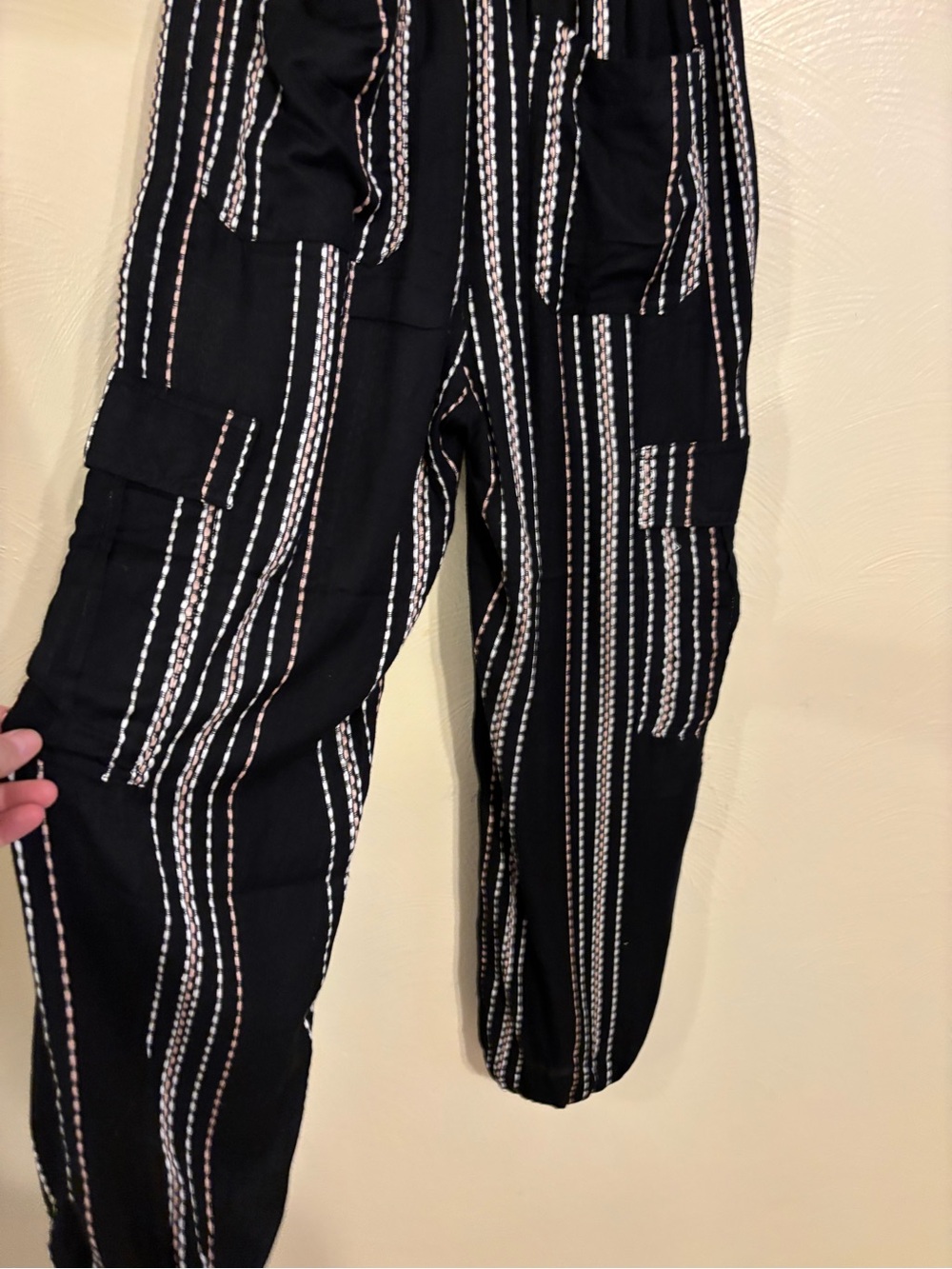 Angie Black Striped Rayon Cargo Jogger Pants Boho Size M - Picture 8 of 9
